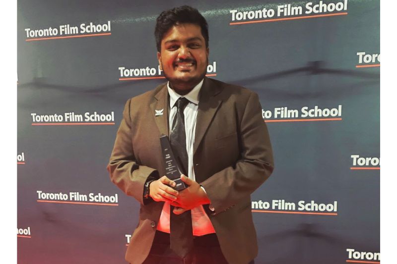 Sanadtkumar Ganesan celebrates his win at the TFS Fest 2025 in Toronto, Canada, proudly holding the award for Best International Short for his film &#039;Late Night Mini-Mart&#039;.