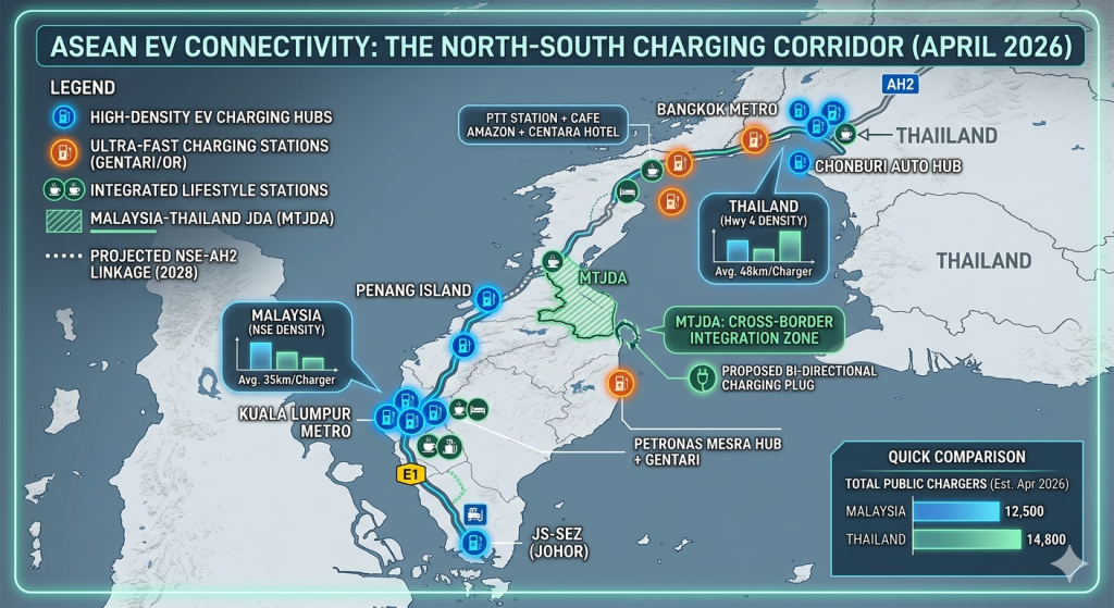 The map overlays relief data of Peninsular Malaysia and Thailand, visualizing the competitive landscape along the main NSE and Highwy 4 AH2 routes. Key layers include High-Density Hubs (Kuala Lumpur, JS-SEZ), Ultra-Fast Charging density call-outs, Integrated Lifestyle Stations (glowing coffee-cup/bed icons), and the crucial 'Malaysia-Thailand JDA (MTJDA)' Cross-Border Integration Zone.